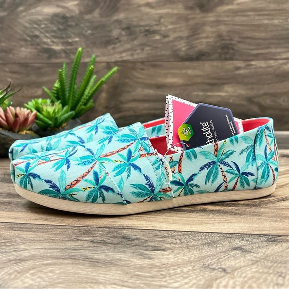 NIB Toms Alpargata Loafer Flats Soft Blue Paper Source Palm Trees Print 8 - Picture 4 of 11